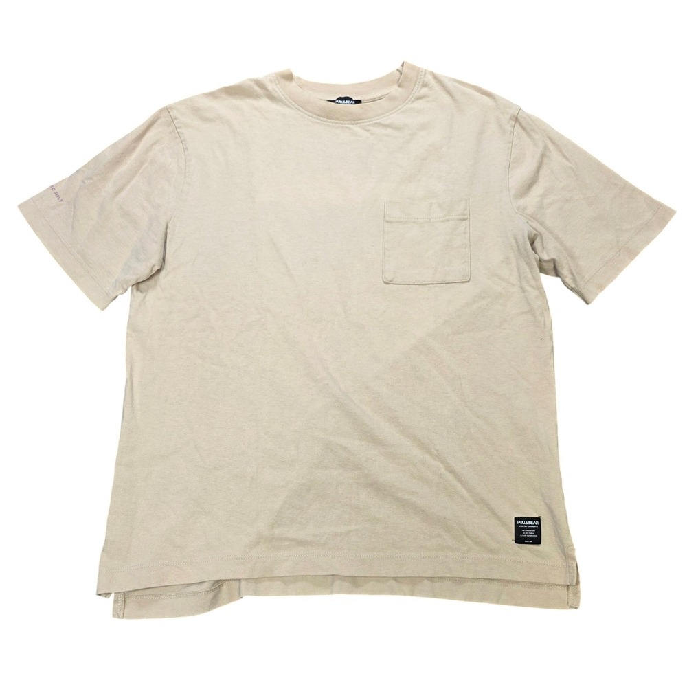 Pull&Bear Short Sleeve Pocket T-Shirt Men's Size M Beige Crew Neck Split Hem